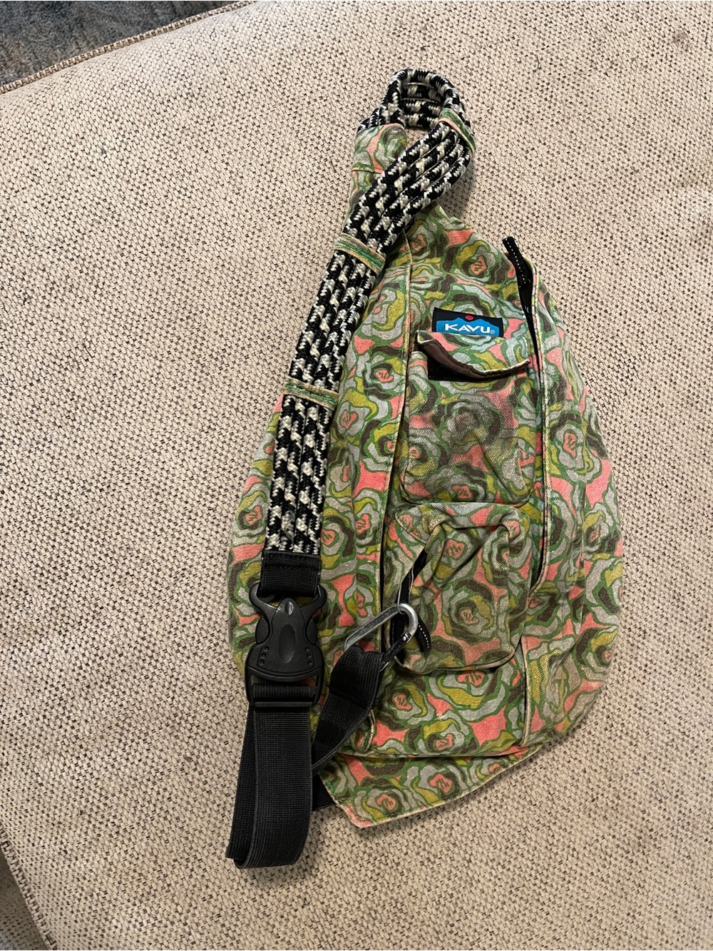Kavu Green & Pink Floral Sling Pack with Black Strap